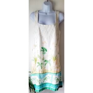 London Times Womens Sleeveless Palm Tree Linen Dress Size 6 Preppy Beachy Resort